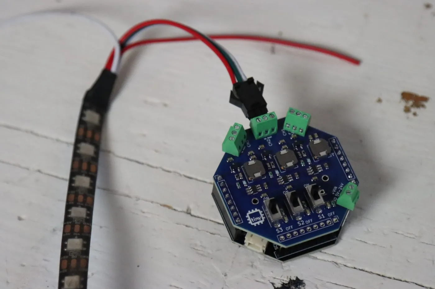 A WS2812B LED strip wired into channel 2 of the tinyGlow
